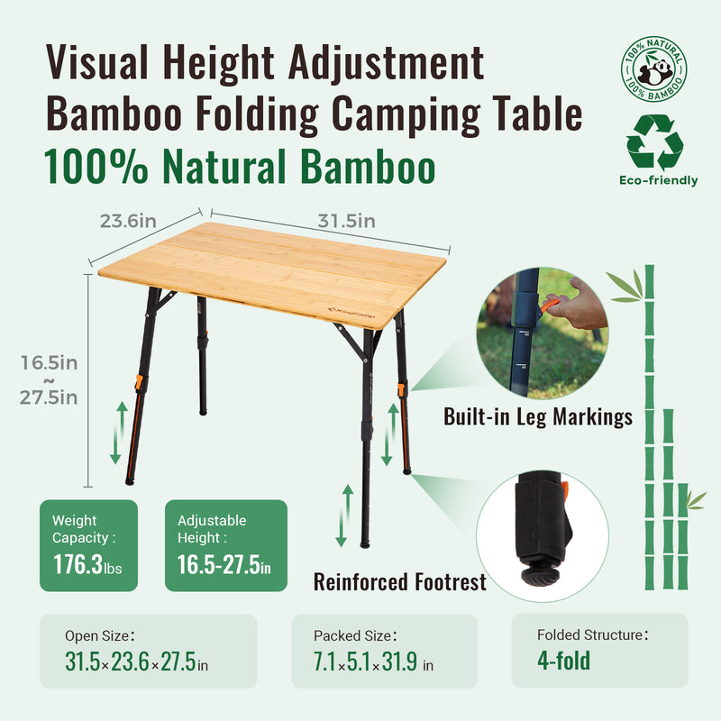 Load image into Gallery viewer, KingCamp All-Terrain Bamboo Camping Table | 4-Folding Portable Picnic Table with Visual Adjustment
16.5-27 .5in Freely Adjustable
