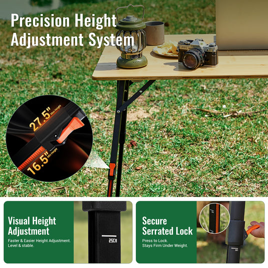 KingCamp BamAura 4Fold 8060 All-Terrain Bamboo Camping Table | 4-Folding Portable Picnic Table with Visual adjustment design with scale marksto ensure consistent height adjustment of the four legs
