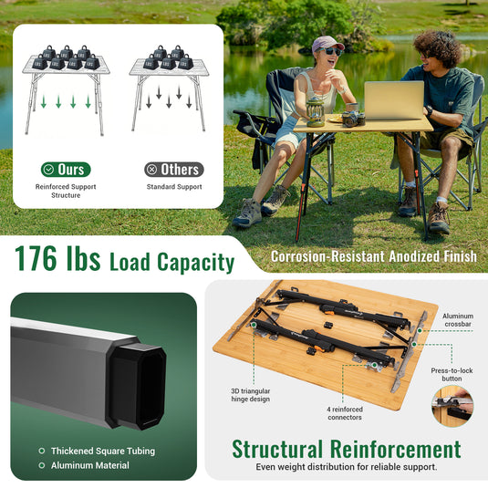 KingCamp BamAura 4Fold 8060 All-Terrain Bamboo Camping Table | 4-Folding Portable Picnic Table with corrosion-resistant anodized finish