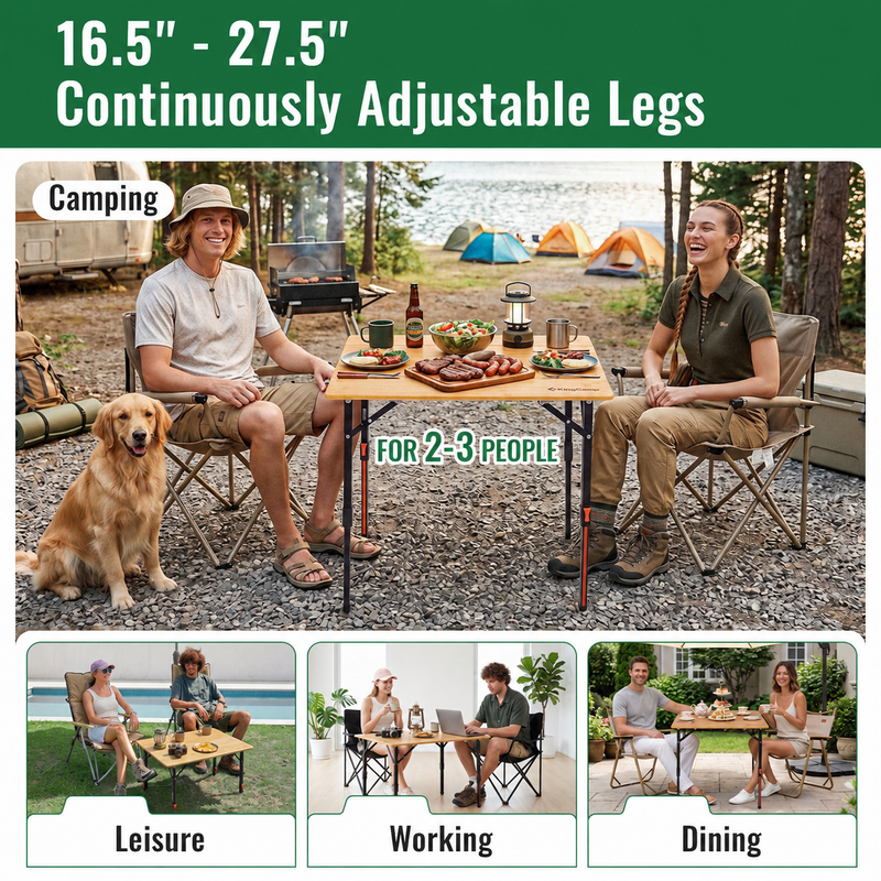 Laden Sie das Bild in Galerie -Viewer, KingCamp BamAura 4Fold Bamboo Camping Table, Adjustable Height 16.5"-27.5", Portable Folding Table for 2-3 People
