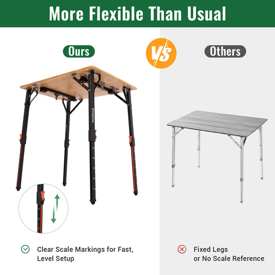 KingCamp BamAura 4Fold Bamboo Camping Table, Adjustable Height 16.5"-27.5", Portable Folding Table for 2-3 People
