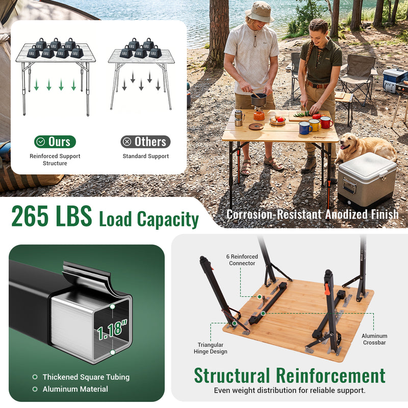 Laden Sie das Bild in Galerie -Viewer, KingCamp BamAura 4Fold Bamboo Camping Table, Adjustable Height 16.5"-27.5", Portable Folding Table for 2-3 People
