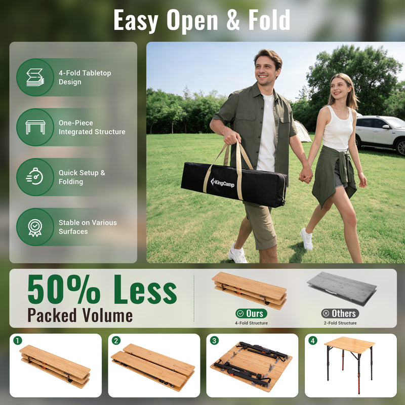 Laden Sie das Bild in Galerie -Viewer, KingCamp BamAura 4Fold Bamboo Camping Table, Adjustable Height 16.5"-27.5", Portable Folding Table for 2-3 People
