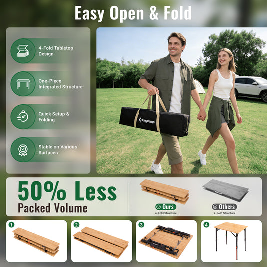 KingCamp BamAura 4Fold Bamboo Camping Table, Adjustable Height 16.5"-27.5", Portable Folding Table for 2-3 People
