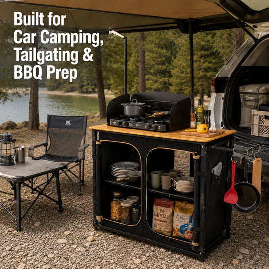KingCamp BamAura CoreFlex Camp Kitchen Table with Bamboo Prep Top, Windshield, Storage Shelves and Light Pole