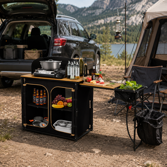 KingCamp BamAura CoreFlex PLUS Camping Kitchen Table with Sink | All-in-One Outdoor Kitchen Station with Bamboo Top, Storage Cabinet, Windshield & Foldable Trash Rack for Car Camping & Tailgating