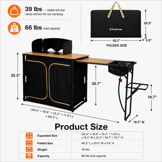 KingCamp BamAura CoreFlex PLUS Camping Kitchen Table with Sink | All-in-One Outdoor Kitchen Station with Bamboo Top, Storage Cabinet, Windshield & Foldable Trash Rack for Car Camping & Tailgating