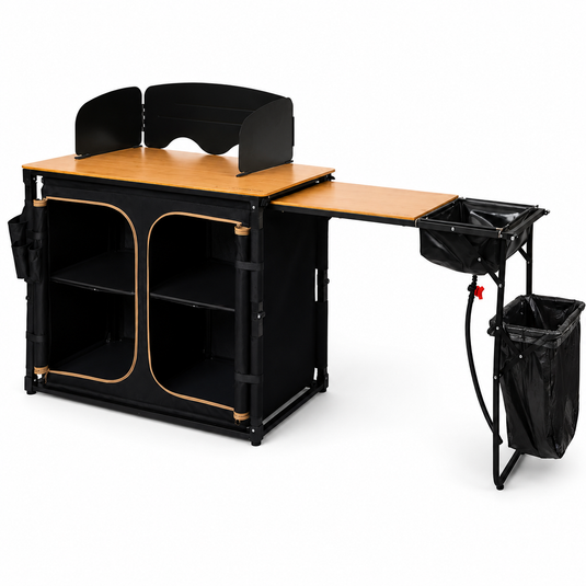 KingCamp BamAura CoreFlex PLUS Camping Kitchen Table with Sink | All-in-One Outdoor Kitchen Station with Bamboo Top, Storage Cabinet, Windshield & Foldable Trash Rack for Car Camping & Tailgating