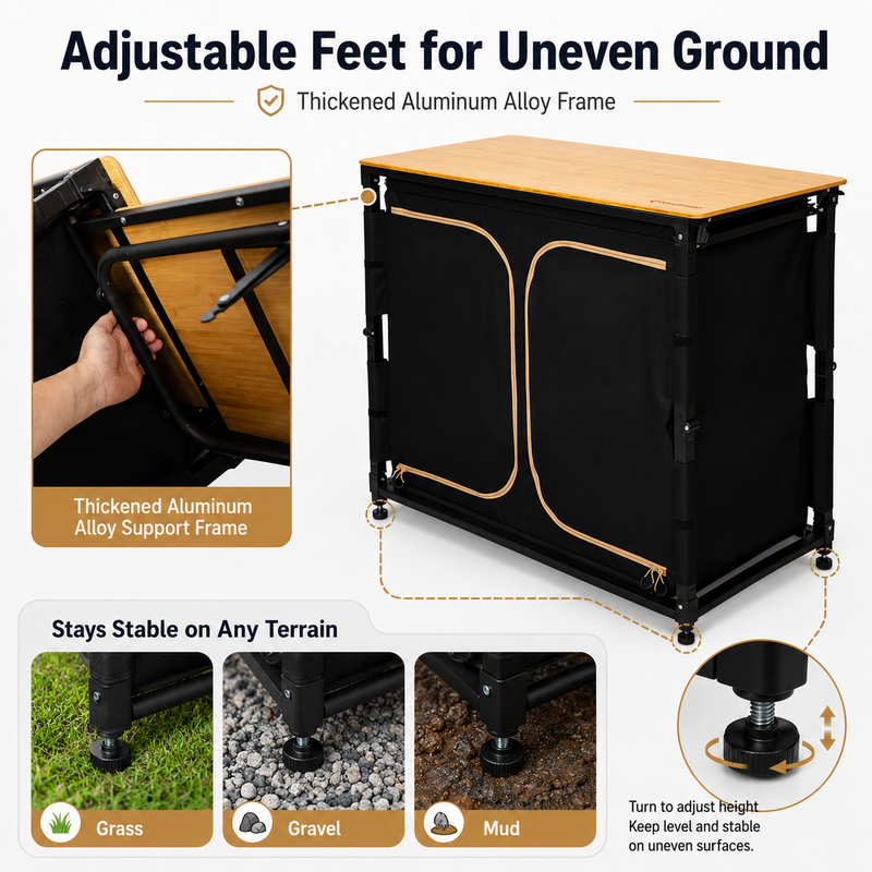 Load image into Gallery viewer, KingCamp BamAura CoreFlex PLUS Camping Kitchen Table with Sink | All-in-One Outdoor Kitchen Station with Bamboo Top, Storage Cabinet, Windshield &amp; Foldable Trash Rack for Car Camping &amp; Tailgating
