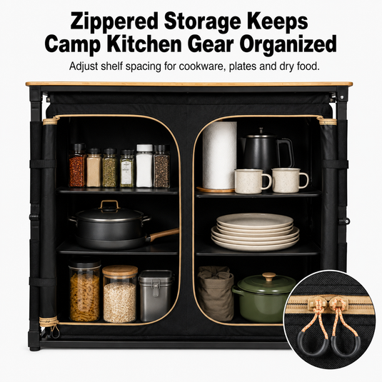 KingCamp BamAura CoreFlex Portable Camp Kitchen Table | Bamboo Top Outdoor Grill Station with Windshield, Adjustable Shelving & Storage Cabinet for Car Camping, Tailgating & Overlanding