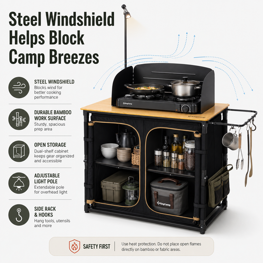 KingCamp BamAura CoreFlex Portable Camp Kitchen Table | Bamboo Top Outdoor Grill Station with Windshield, Adjustable Shelving & Storage Cabinet for Car Camping, Tailgating & Overlanding
