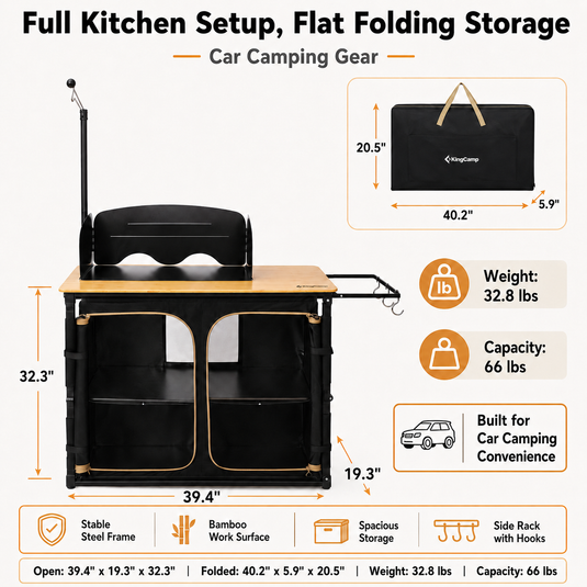KingCamp BamAura CoreFlex Portable Camp Kitchen Table | Bamboo Top Outdoor Grill Station with Windshield, Adjustable Shelving & Storage Cabinet for Car Camping, Tailgating & Overlanding