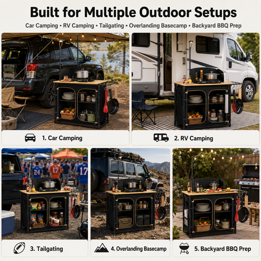 KingCamp BamAura CoreFlex Portable Camp Kitchen Table | Bamboo Top Outdoor Grill Station with Windshield, Adjustable Shelving & Storage Cabinet for Car Camping, Tailgating & Overlanding