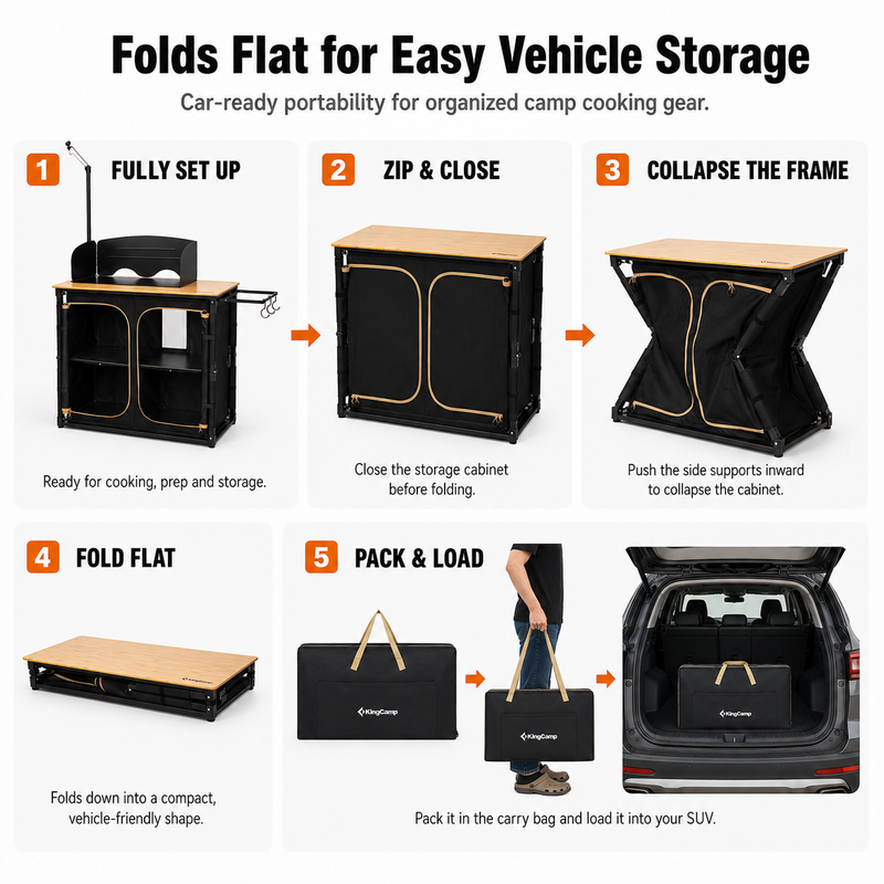 Load image into Gallery viewer, KingCamp BamAura CoreFlex Portable Camp Kitchen Table | Bamboo Top Outdoor Grill Station with Windshield, Adjustable Shelving &amp; Storage Cabinet for Car Camping, Tailgating &amp; Overlanding
