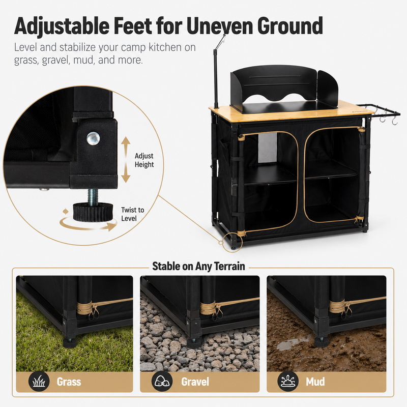 Load image into Gallery viewer, KingCamp BamAura CoreFlex Portable Camp Kitchen Table | Bamboo Top Outdoor Grill Station with Windshield, Adjustable Shelving &amp; Storage Cabinet for Car Camping, Tailgating &amp; Overlanding
