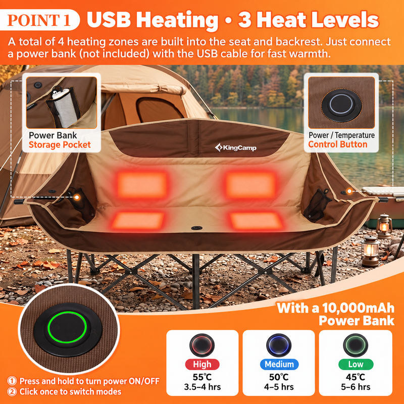 Load image into Gallery viewer, KingCamp CANNA C20 PLUS Heated Camping Loveseat, 2-Person Folding Chair with 4 Heating Zones, 3 Heat Settings &amp; Dual Cup Holders
