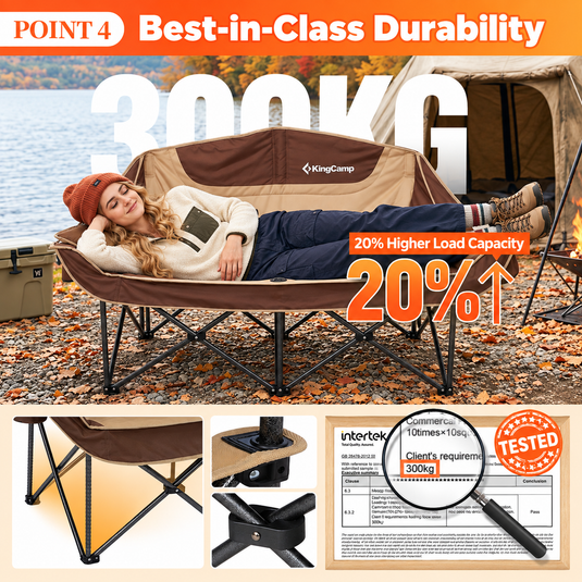 KingCamp CANNA C20 PLUS Heated Camping Loveseat, 2-Person Folding Chair with 4 Heating Zones, 3 Heat Settings & Dual Cup Holders