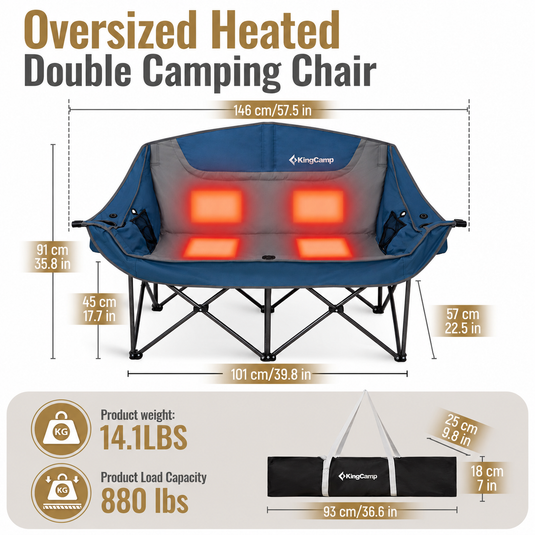 KingCamp CANNA C20 PLUS Heated Loveseat Camping Chair - 2-Person Oversized Padded Couples Chair with 4 Heating Zones, 3 Heat Settings