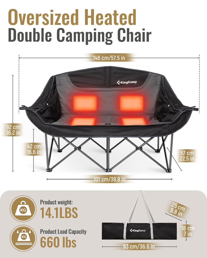 Load image into Gallery viewer, KingCamp Oversized Heated Double Camping Chair - 2-Person Oversized Padded Couples Chair with 3-Temperature Settings
