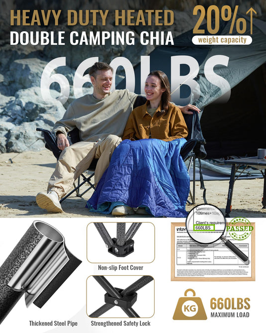 KingCamp Heavy Duty Heated Double Camping Chair with Non-Slip Foot Cover and Strengthened Safety Lock