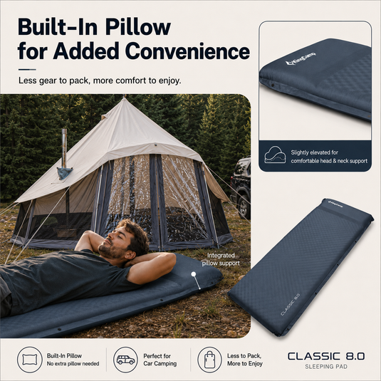 KingCamp CLASSIC 8.0 Self-Inflating Sleeping Pad, 3.15" Thick 4-Season Camping Mattress with Pillow, R-Value 9.8