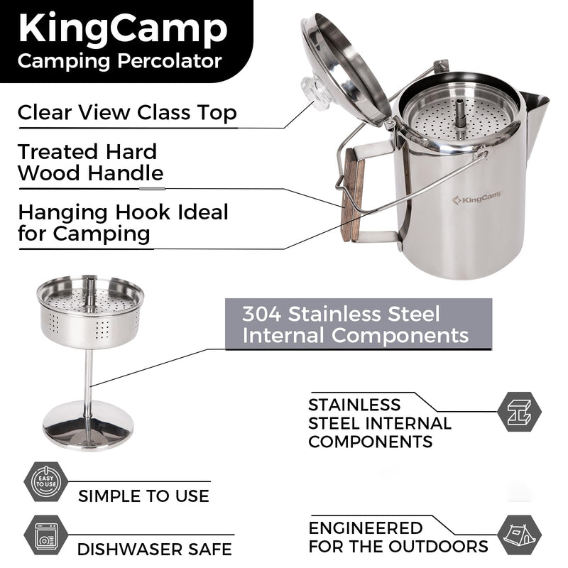 Laden Sie das Bild in Galerie -Viewer, KingCamp Camping Coffee Pot, 12 Cup Stainless Steel Percolator - 304 Food-Grade, Wood Handle for Campfire, RV &amp; Outdoor Brewing, No Aluminum
