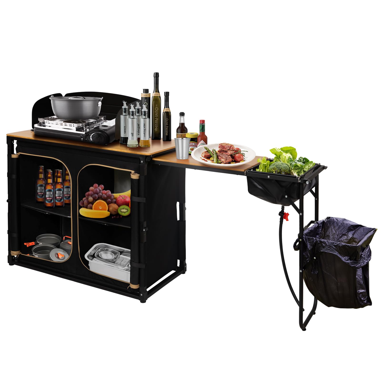 KingCamp BamAura CoreFlex PLUS Camping Kitchen Table with Sink, Bamboo Top, Storage Cabinet & Windshield