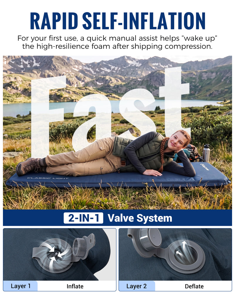 Load image into Gallery viewer, KingCamp Classic Light Self-Inflating Sleeping Pad – 2in Thick, Built-in Pillow, Compact for Backpacking &amp; Camping
