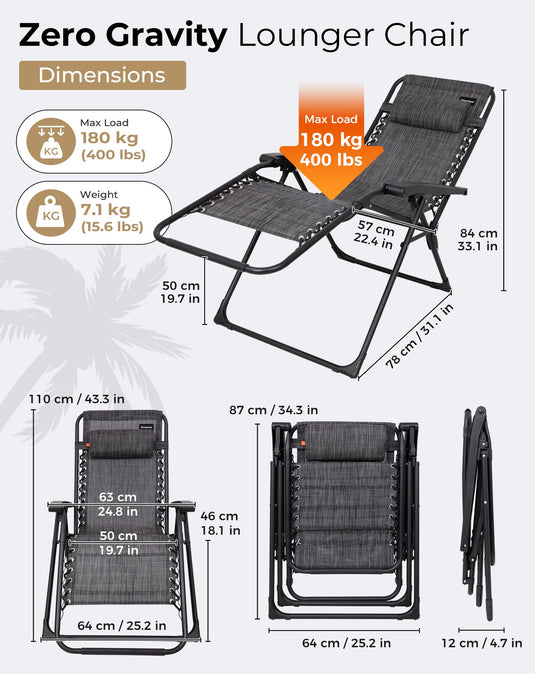 KingCamp Zero Gravity Chair, Adjustable Reclining Outdoor Lounge Chair with Headrest, Teslin Mesh & Heavy-Duty Steel Frame, 400 lbs Capacity
