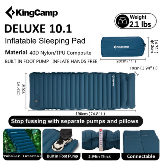KingCamp DELUXE 10.1 Inflatable Sleeping Pad – Built‑In Foot Pump & Pillow, Ultra‑Light Camping Mat