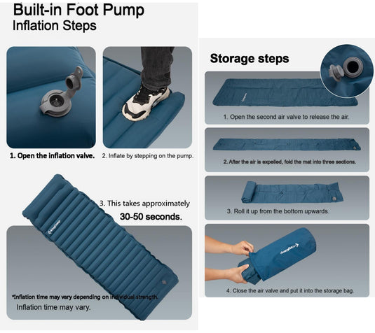 KingCamp DELUXE 10.1 Inflatable Sleeping Pad Inflation and deflation storage steps