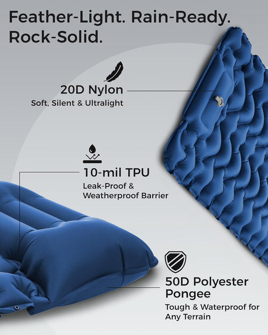 KingCamp DELUXE 10 Single Air Pad | Connectable Inflatable Camping Mattress with Built-In Foot Pump & Pillow, Ultralight 2.4" Thick Sleeping Pad for Backpacking & Car Camping