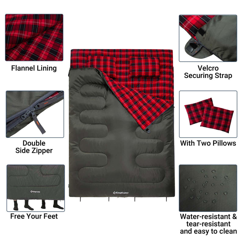 Load image into Gallery viewer, KingCamp Double Flannel Sleeping Bag with two Pillows 2 in 1 Use Green
