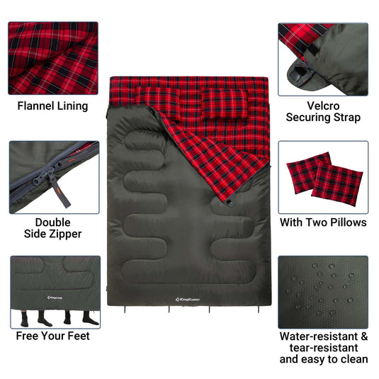KingCamp Double Flannel Sleeping Bag with two Pillows 2 in 1 Use Green