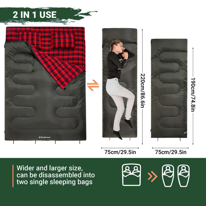 Load image into Gallery viewer, KingCamp Double Flannel Sleeping Bag with two Pillows 2 in 1 Use Green

