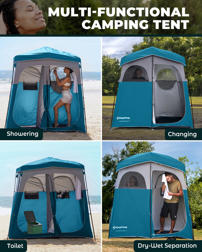Load image into Gallery viewer, KingCamp Double Privacy Shelter | 2-Room Pop-Up Shower Tent with UPF50+ Sun Protection, XL 7x7ft Interior for Camping Shower, Toilet &amp; Changing Room Cyan

