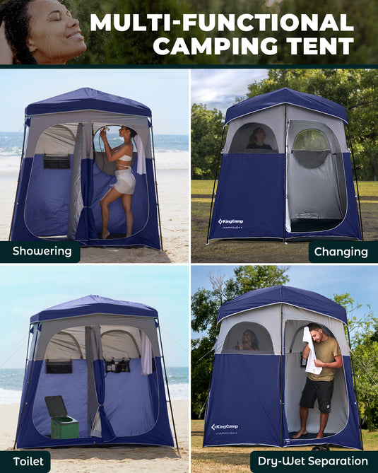 KingCamp Double Privacy Shelter | 2-Room Pop-Up Shower Tent with UPF50+ Sun Protection, XL 7x7ft Interior for Camping Shower, Toilet & Changing Room Navy