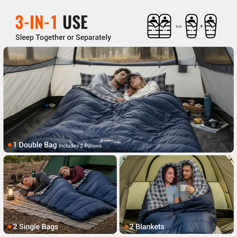 Load image into Gallery viewer, KingCamp Double Sleeping Bag | Queen-Size 2-Person Flannel Sleeping Bag with 2 Pillows, 3-in-1 Use Sleep Together or Separately
