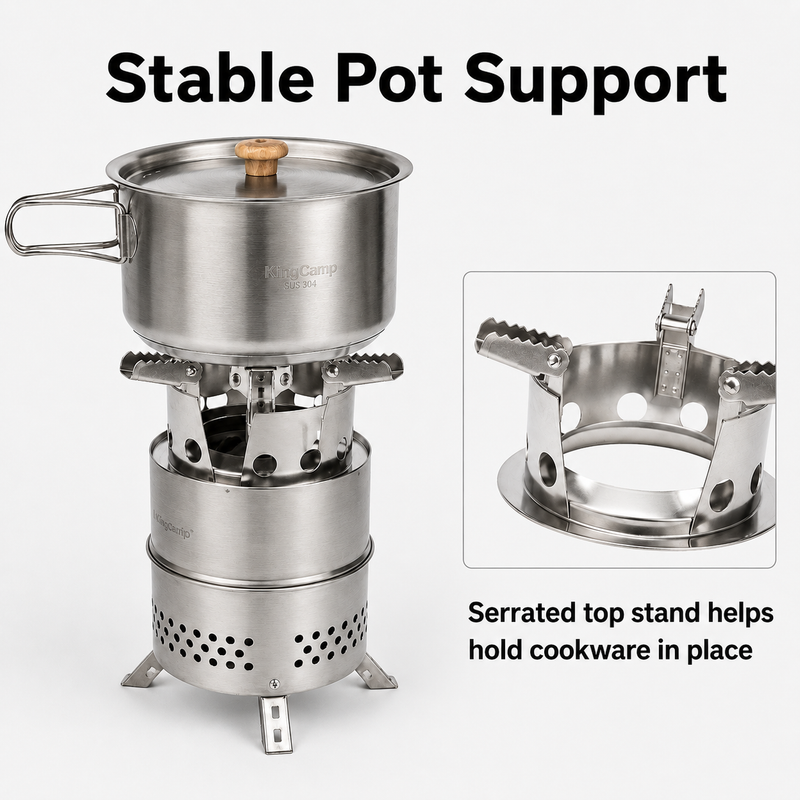 Laden Sie das Bild in Galerie -Viewer, KingCamp FIREWOOD S Mini Folding Wood Stove with stable pot support, serrated top stand helps hold cookware in place
