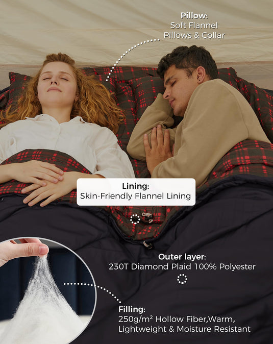 KingCamp FREESPACE 250D Double-Sized Sleeping Bag with Pillow and Flannel Lining