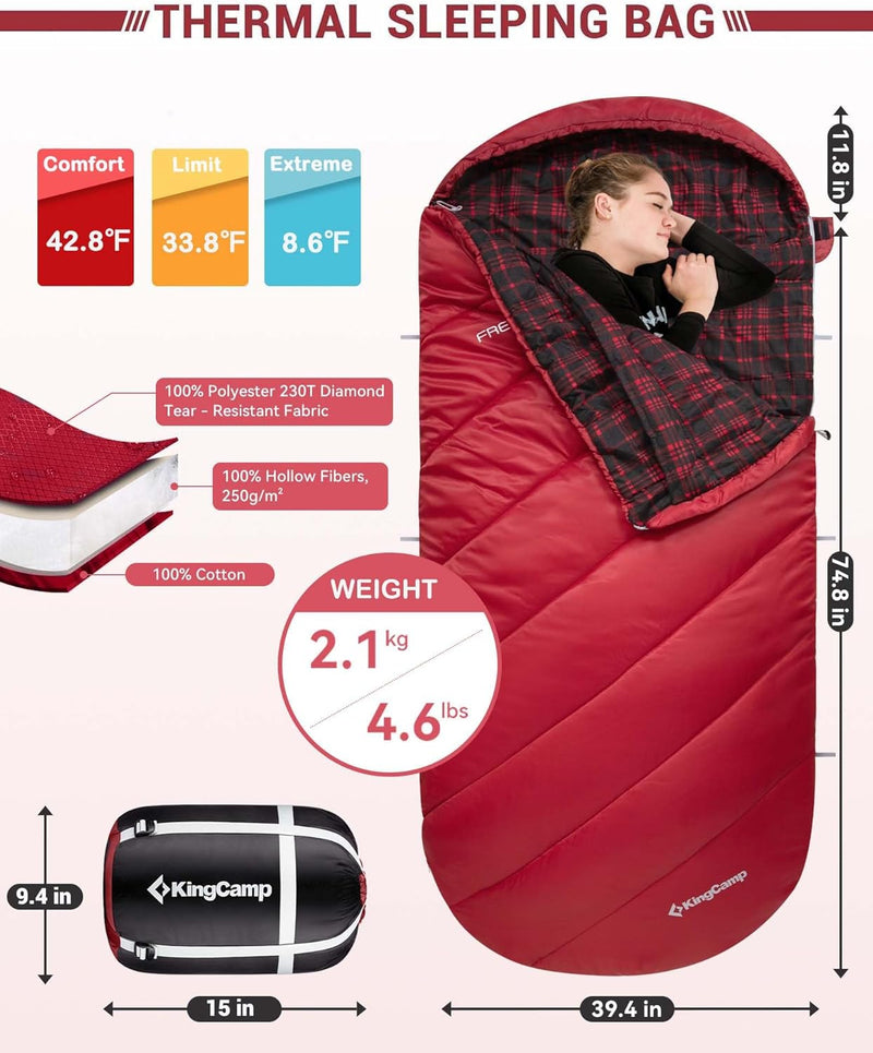 Load image into Gallery viewer, KingCamp FREESPACE 250 3-Season Plus Size Flannel Sleeping Bag 42.8℉ / 33.8℉ / 8.6℉（reported）
