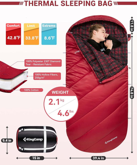 KingCamp FREESPACE 250 3-Season Plus Size Flannel Sleeping Bag 42.8℉ / 33.8℉ / 8.6℉（reported）