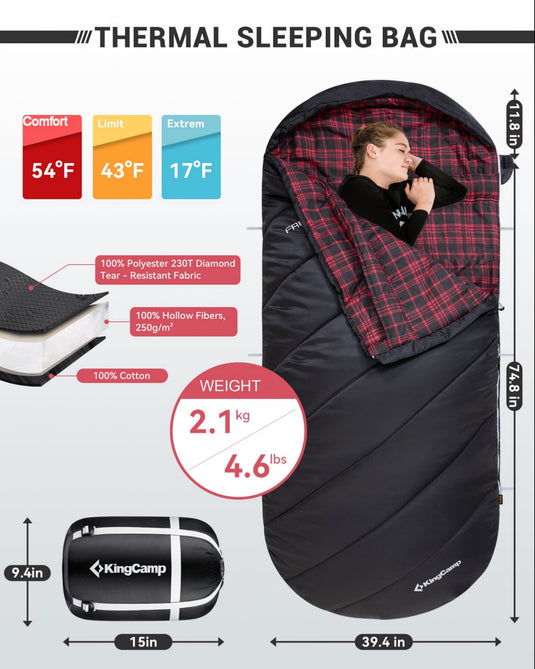 KingCamp FREESPACE 250 3-Season Plus Size Flannel Sleeping Bag Thermal Sleeping Bags