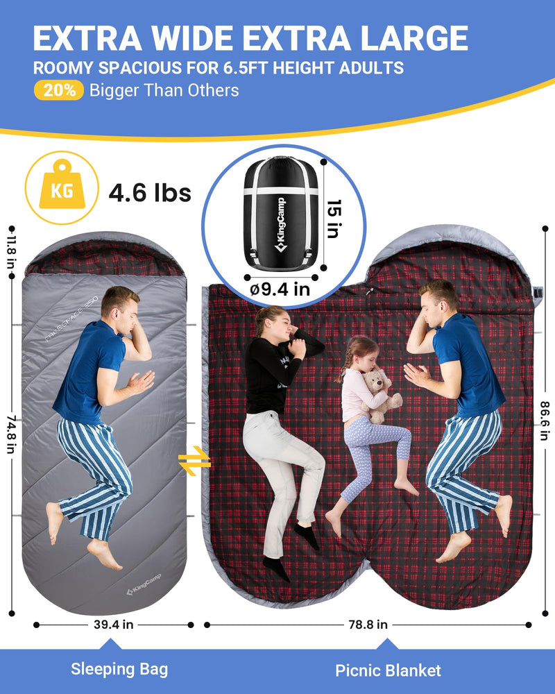Load image into Gallery viewer, KingCamp FREESPACE 250 3-Season Plus Size Flannel Sleeping Bag Extra Wide Extra Large
