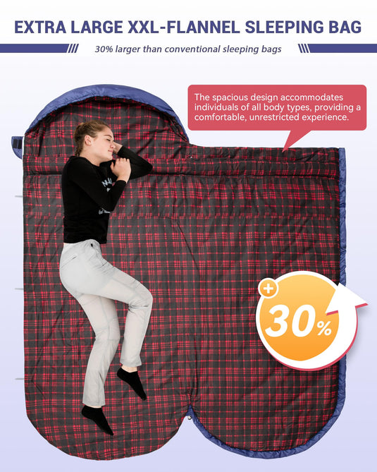 KingCamp FREESPACE 250 3-Season Plus Size Flannel Sleeping Bag Spacious Design and Roomy