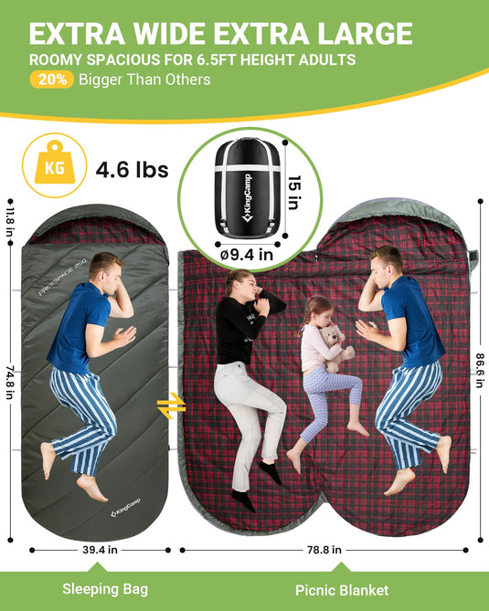 KingCamp FREESPACE 250 3-Season Plus Size Flannel Sleeping Bag Extra Large and Wide