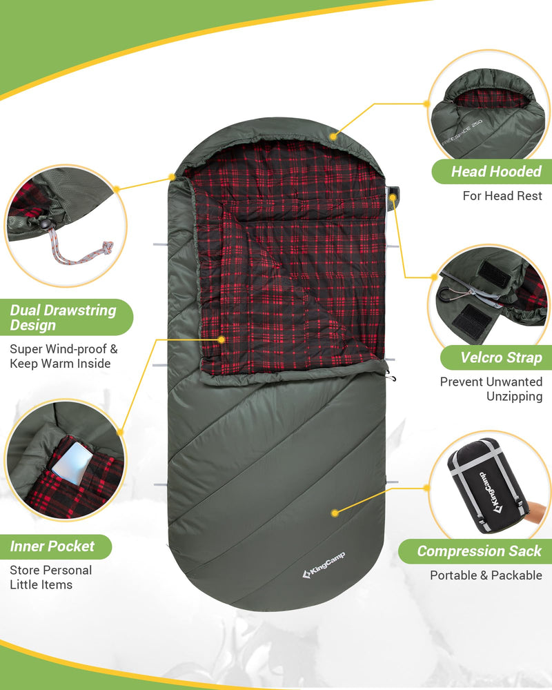 Load image into Gallery viewer, KingCamp FREESPACE 250 3-Season Plus Size Flannel Sleeping Bag with Velcro Strap
