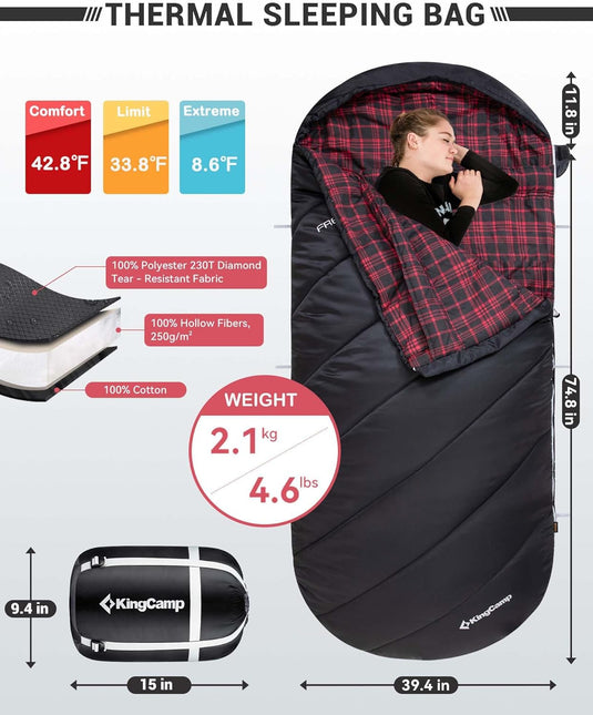 KingCamp FREESPACE 250 3-Jahreszeiten-Flanellschlafsack in Übergröße – BRoadout