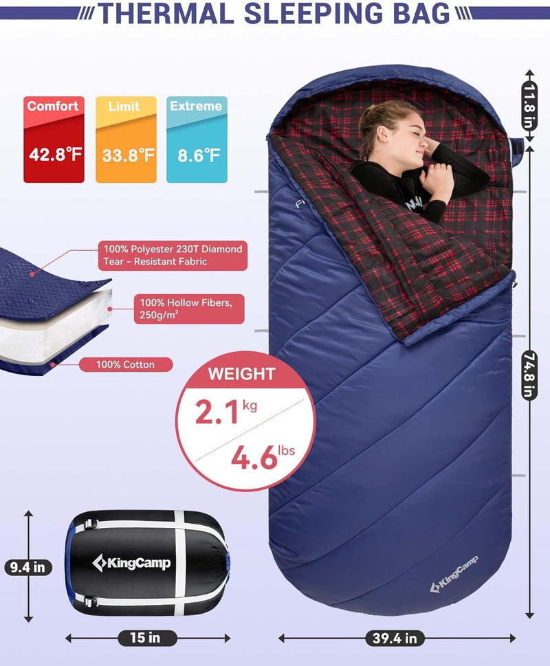 Load image into Gallery viewer, KingCamp FREESPACE 250 3-Season Plus Size Flannel Sleeping Bag Thermal Sleeping Bags

