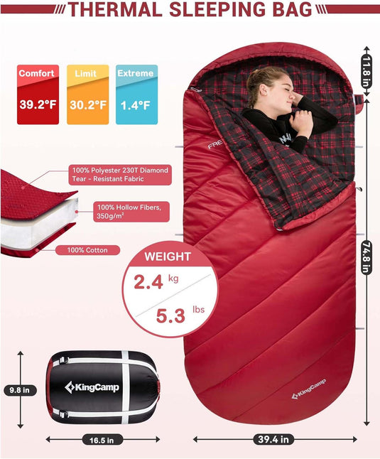 KingCamp FREESPACE 350 Flannel Sleeping Bag-Envelope With Hood